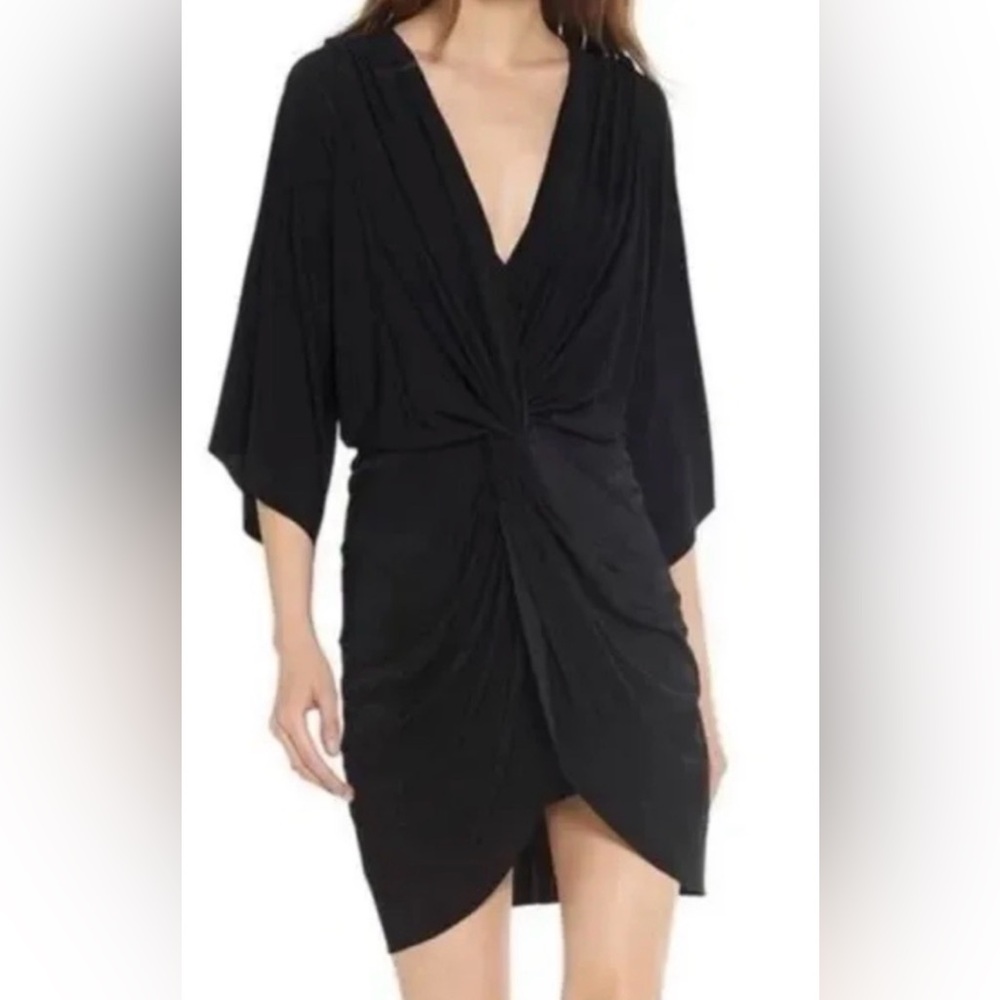 Misa Los Angeles mini dress v neck draped sleeve black jersey slinky party